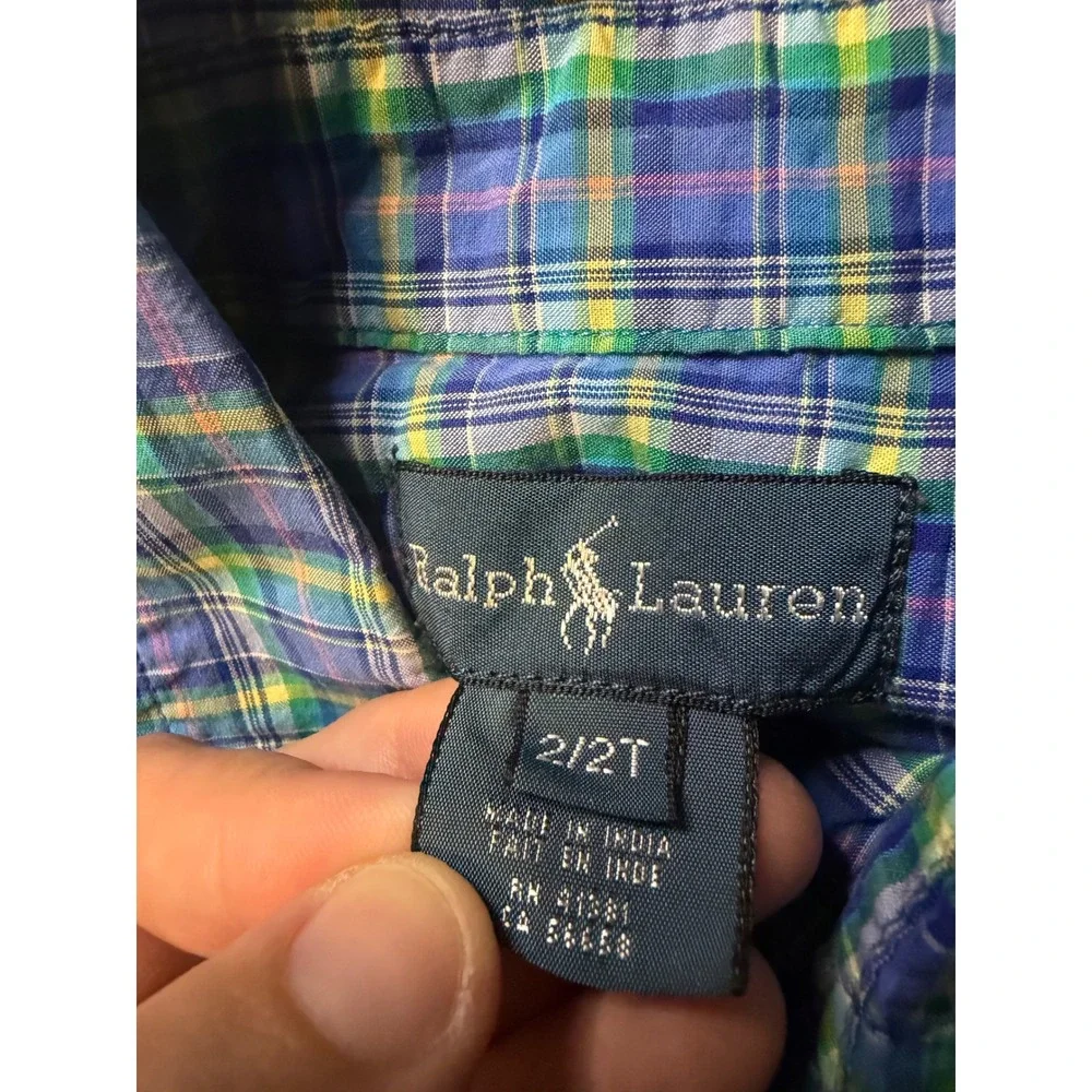Ralph Lauren Toddler Boys Blue Green Plaid Button Down Shirt Pink Pony 2T